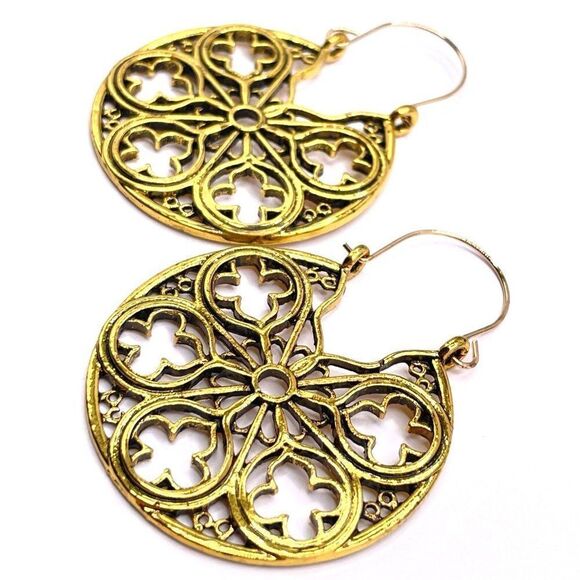 Yellow Gold Boho Mandala Style Round Detailed Dangling Drop Hinged Hook Earrings - Picture 3 of 6